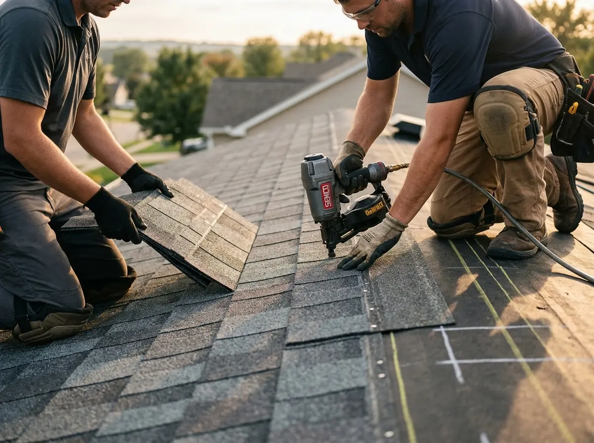 Professional roofer working on a residential roof in Lancaster